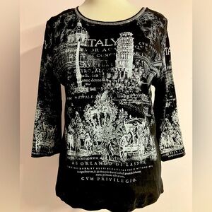Women’s Pullover Top, Size L-XL*, Italian Graphic Print, Black/White, Sequins